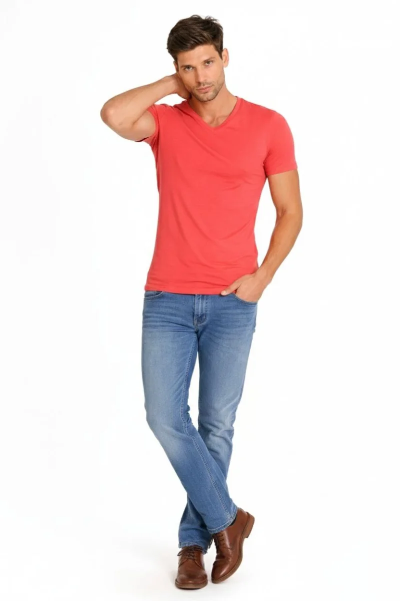 Erkek T-Shirt V Yaka Slim Fit dar kesim Likralı Tişört Günlük Basic Body - Nar Çiçeği