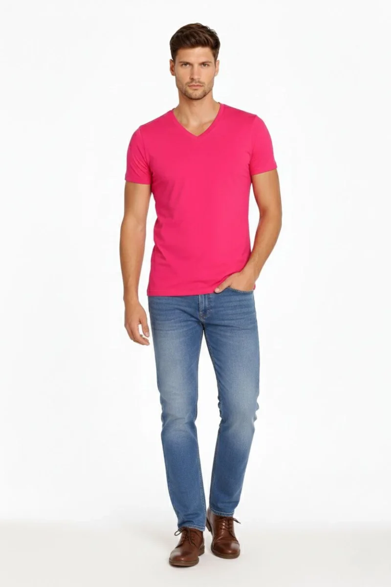 Erkek T-Shirt V Yaka Slim Fit dar kesim Likralı Tişört Günlük Basic Body - Pembe