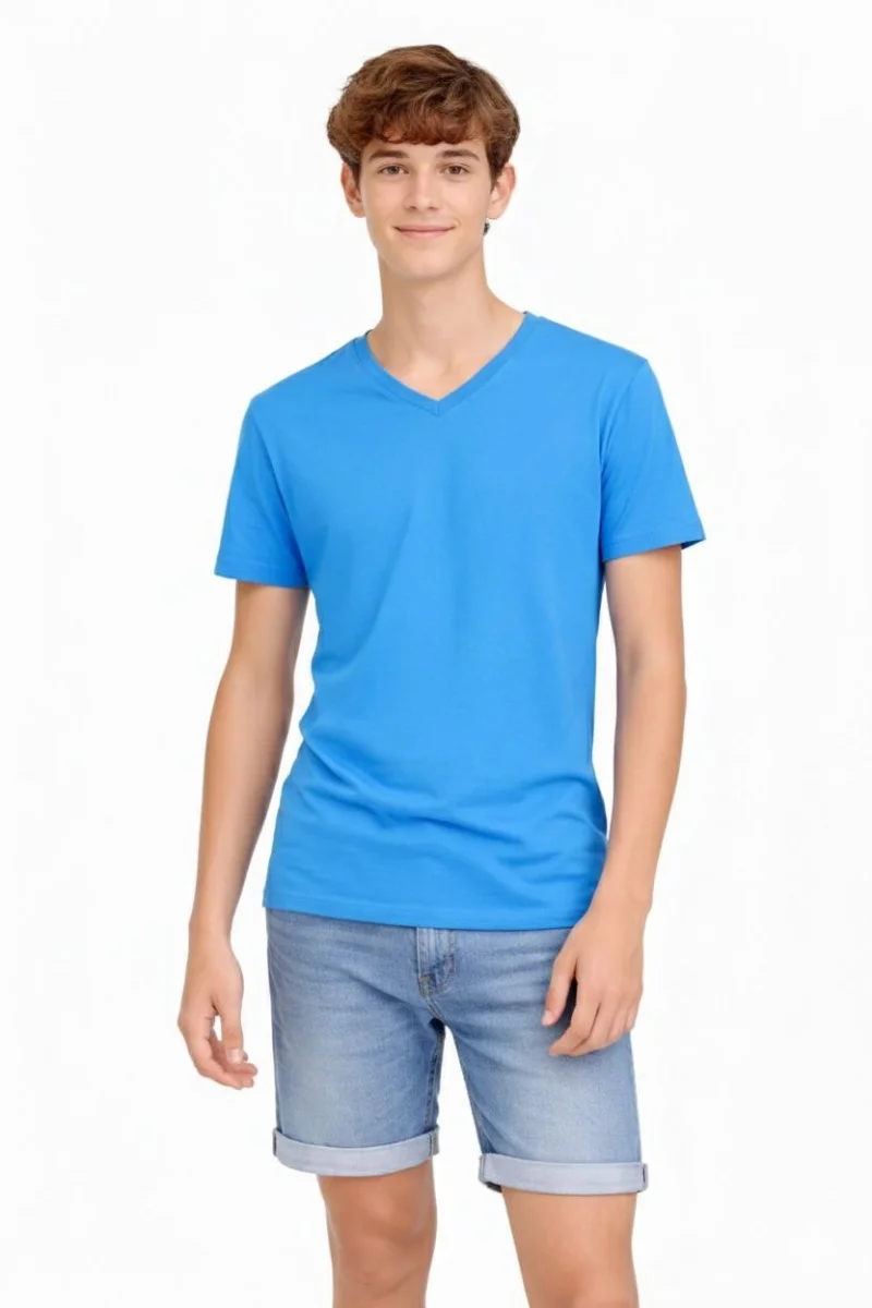 Genç Erkek Çocuk V Yaka Tişört Yazlık Model Günlük Basic Body - Açık Mavi