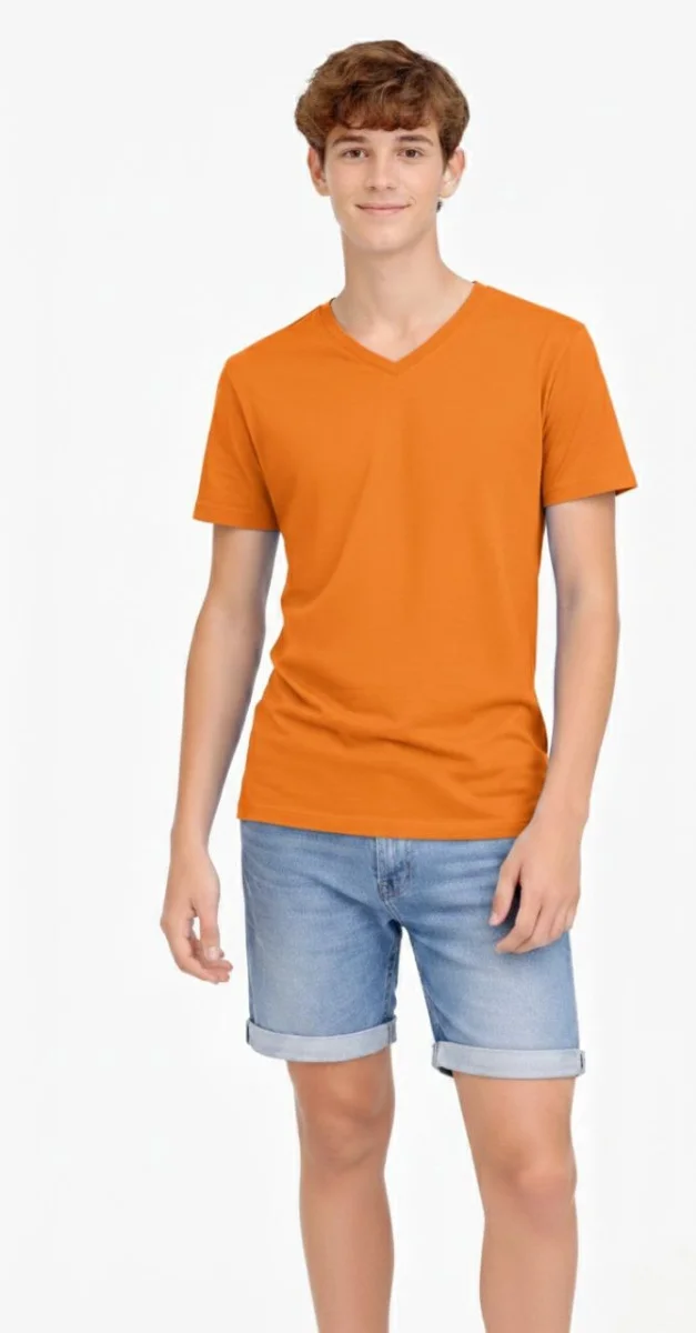 Genç Erkek Çocuk V Yaka Tişört Yazlık Model Günlük Basic Body - Turuncu