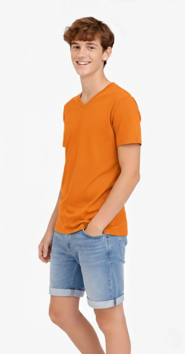 Genç Erkek Çocuk V Yaka Tişört Yazlık Model Günlük Basic Body - Turuncu