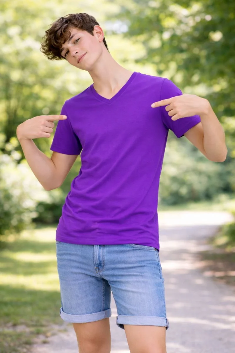 Genç Erkek Çocuk V Yaka Tişört Yazlık Model Günlük Basic Body - Mor