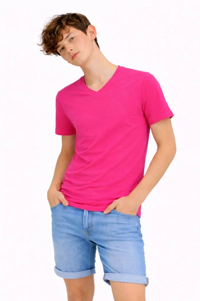 Genç Erkek Çocuk V Yaka Tişört Yazlık Model Günlük Basic Body - Pembe