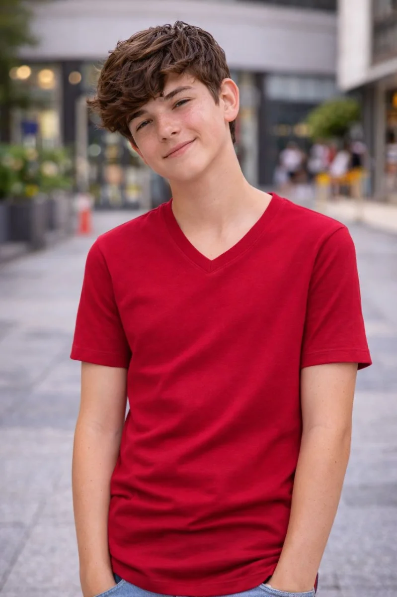 Genç Erkek Çocuk V Yaka Tişört Yazlık Model Günlük Basic Body - Bordo