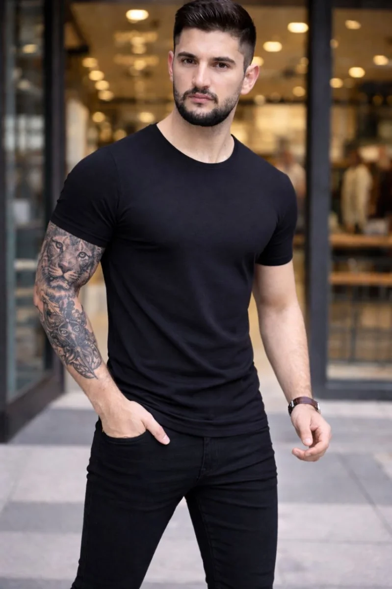 Erkek T-Shirt Bisiklet Yaka Slim Fit dar kesim Likralı Tişört Günlük Basic Body - Siyah