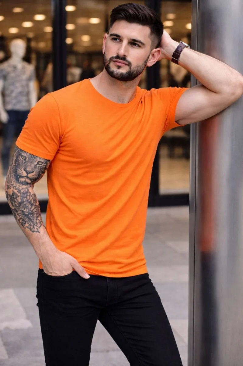 Erkek T-Shirt Bisiklet Yaka Slim Fit dar kesim Likralı Tişört Günlük Basic Body - Turuncu