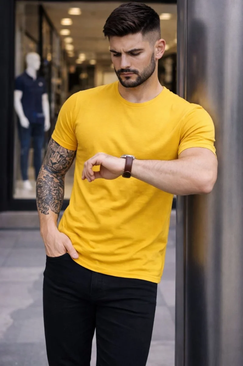Erkek T-Shirt Bisiklet Yaka Slim Fit dar kesim Likralı Tişört Günlük Basic Body - Sarı