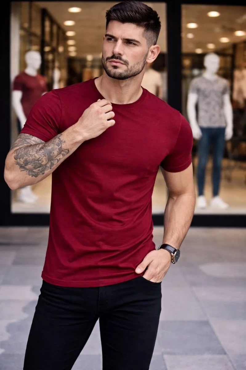 Erkek T-Shirt Bisiklet Yaka Slim Fit dar kesim Likralı Tişört Günlük Basic Body - Bordo