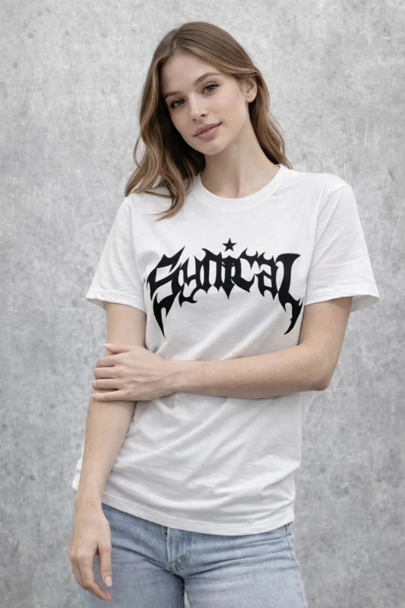 Kadın Bisiklet Yaka Ön Baskılı Kısa Kollu Tişört Streetwear Günlük Basic Pamuklu T-shirt - Beyaz