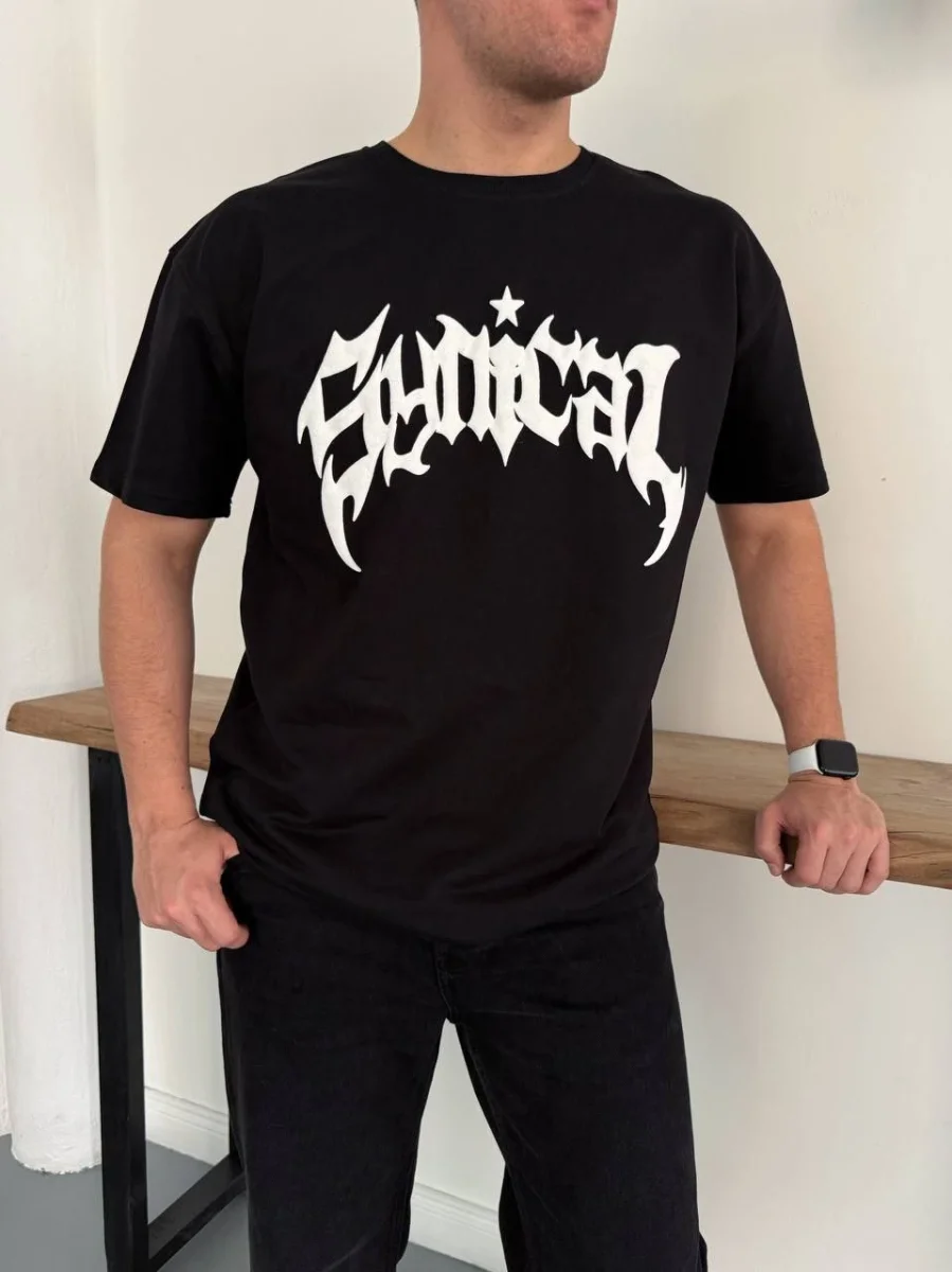 Erkek Bisiklet Yaka Ön Baskılı  Kısa Kollu Tişört Streetwear Günlük Basic Pamuklu T-shirt - Siyah