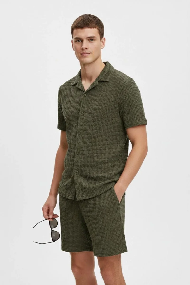 Erkek Waffle Kumaş Kısa Kollu Gömlek Şort Takım Regular Fit Yazlık İkili Set - Haki