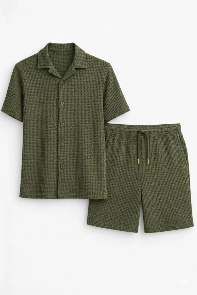 Erkek Waffle Kumaş Kısa Kollu Gömlek Şort Takım Regular Fit Yazlık İkili Set - Haki
