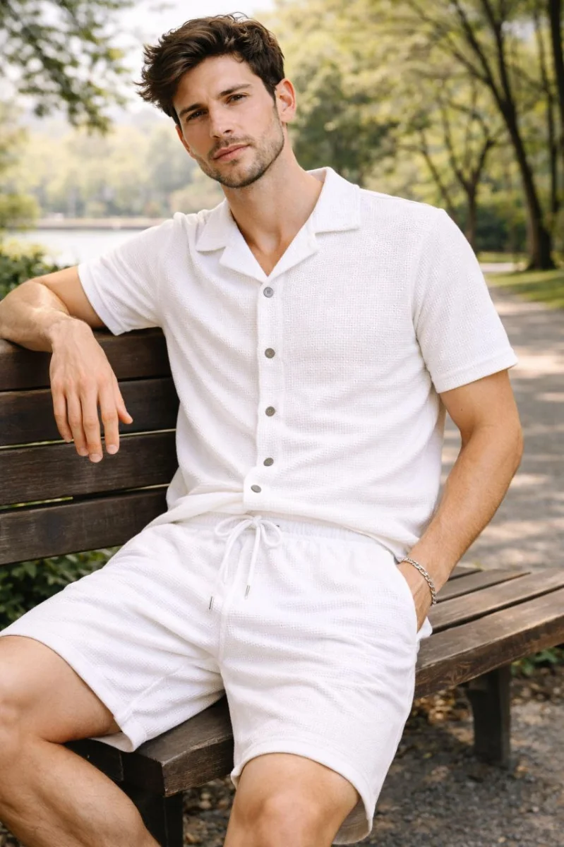 Erkek Waffle Kumaş Kısa Kollu Gömlek Şort Takım Regular Fit Yazlık İkili Set - Beyaz