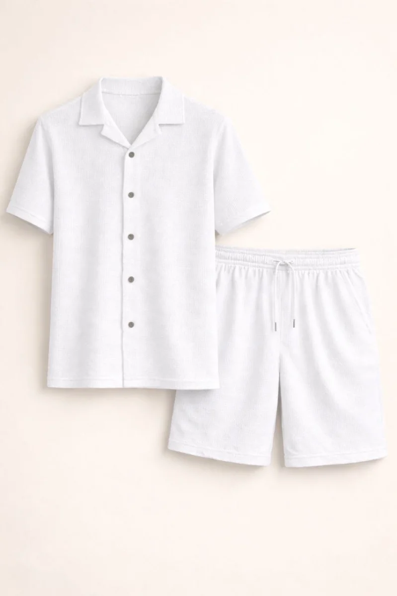 Erkek Waffle Kumaş Kısa Kollu Gömlek Şort Takım Regular Fit Yazlık İkili Set - Beyaz
