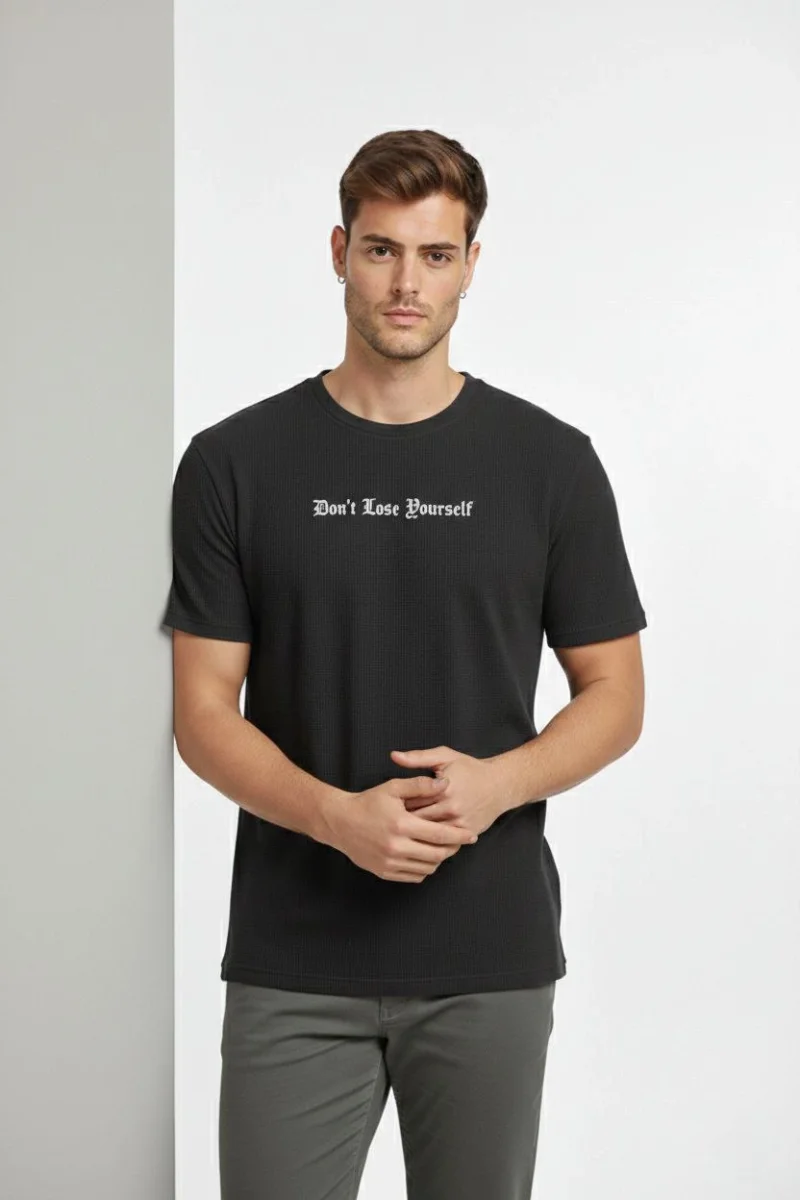 Erkek Wafıl Kumaş Tişört Regular Kalıp Bisiklet Yaka Baskılı Günlük Basic T-Shirt - Siyah