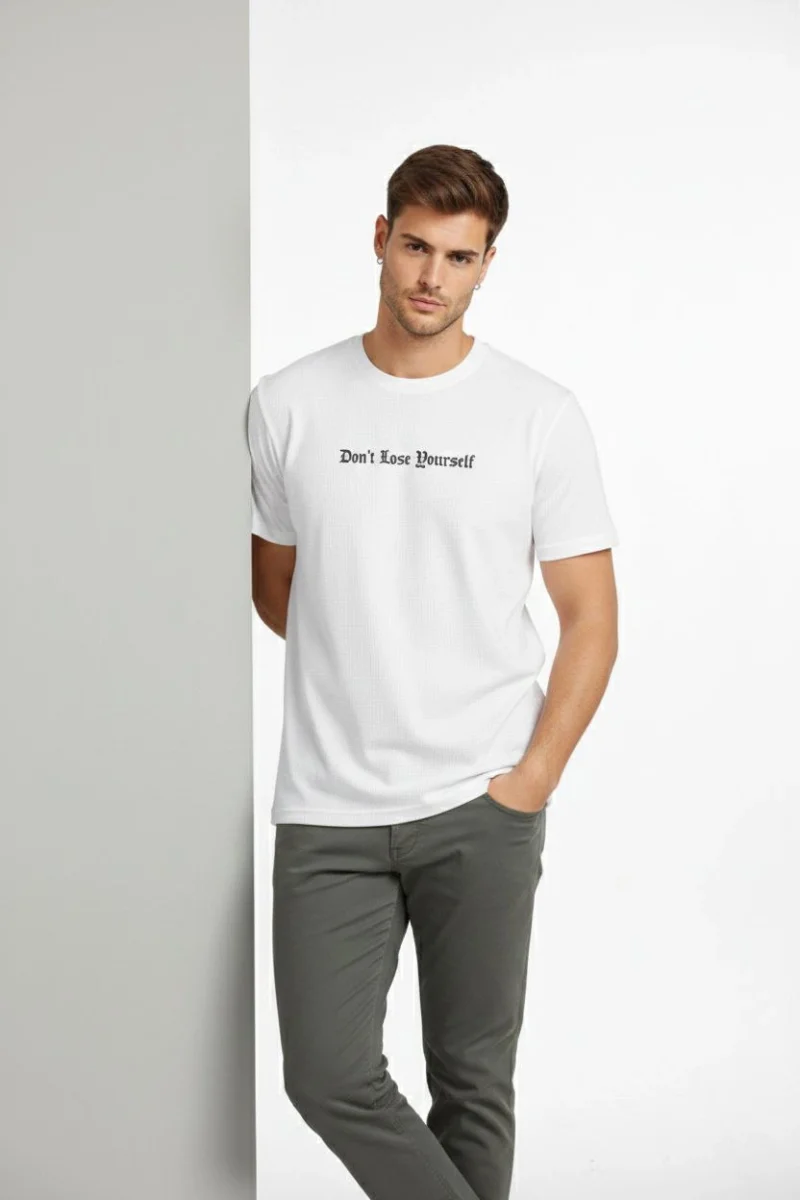 Erkek Wafıl Kumaş Tişört Regular Kalıp Bisiklet Yaka Baskılı Günlük Basic T-Shirt - Beyaz