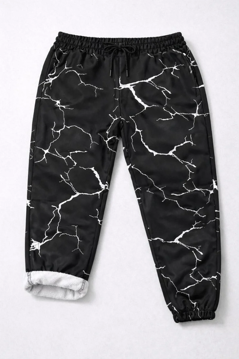 Kadın Dijital Baskılı Eşofman Altı Kışlık Üç İplik Şardonlu Kumaş Lastikli Paça, Cepli, Rahat Kalıp - Siyah