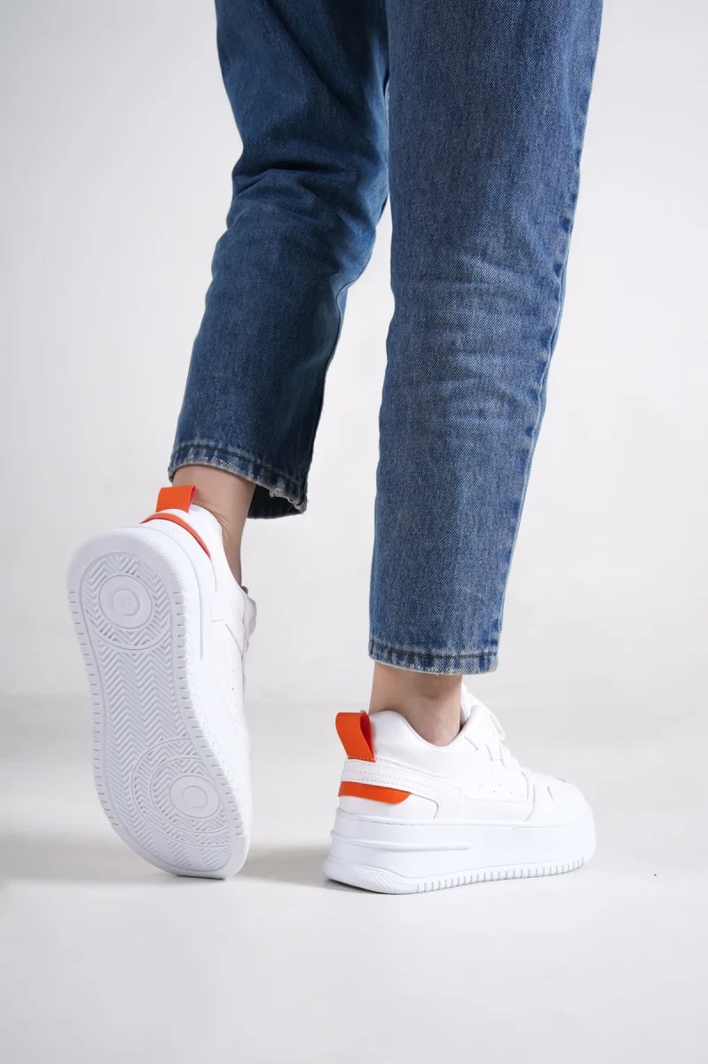 ALESSI Bağcıklı Ortopedik Taban Kadın Sneaker Spor Ayakkabı CBT - Beyaz/Turuncu