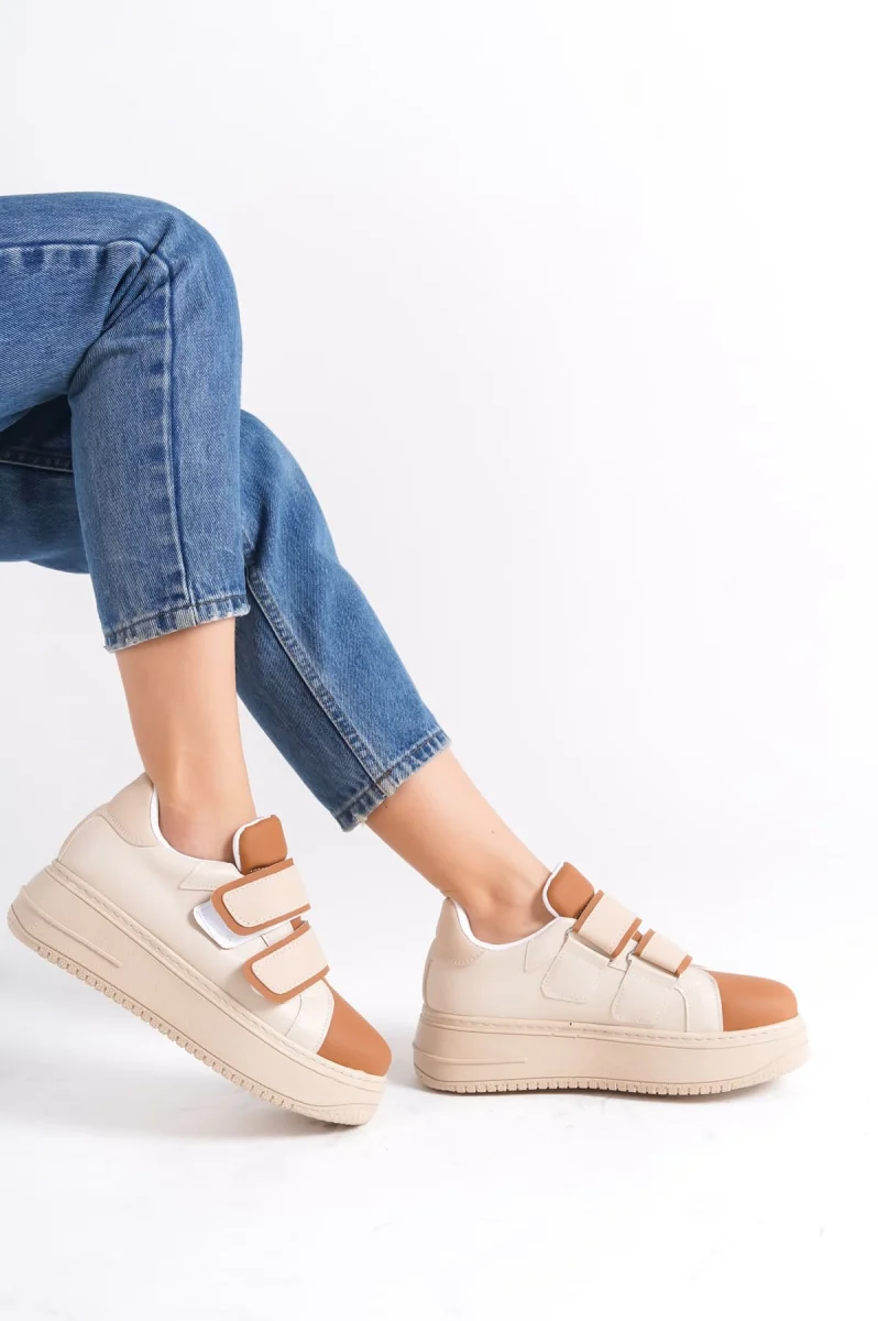 VALENCIA Bağcıksız Cırt Cırtlı Ortopedik Taban Kadın Sneaker Spor Ayakkabı CTT - Ten/Kahve