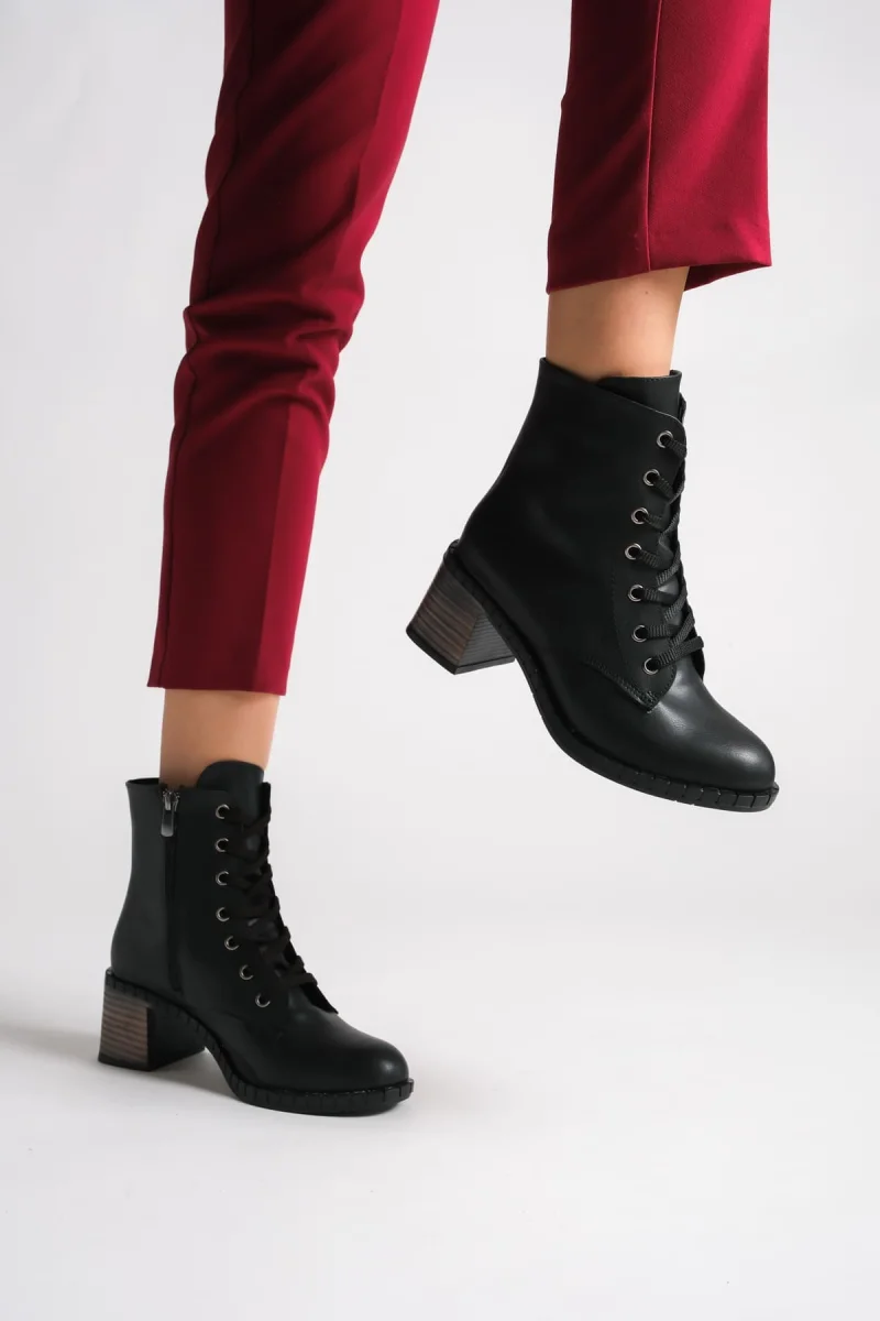 DIANA Bağcıklı Fermuarlı Ortopedik Taban Topuklu Kadın Bot CST - Siyah