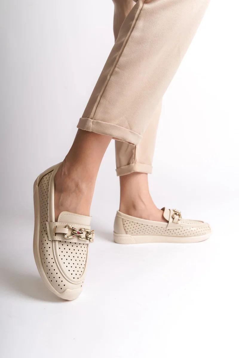 LAYLA Bağcıksız Ortopedik Rahat Taban Kalp Desenli Kadın Babet Ayakkabı CKT - Krem