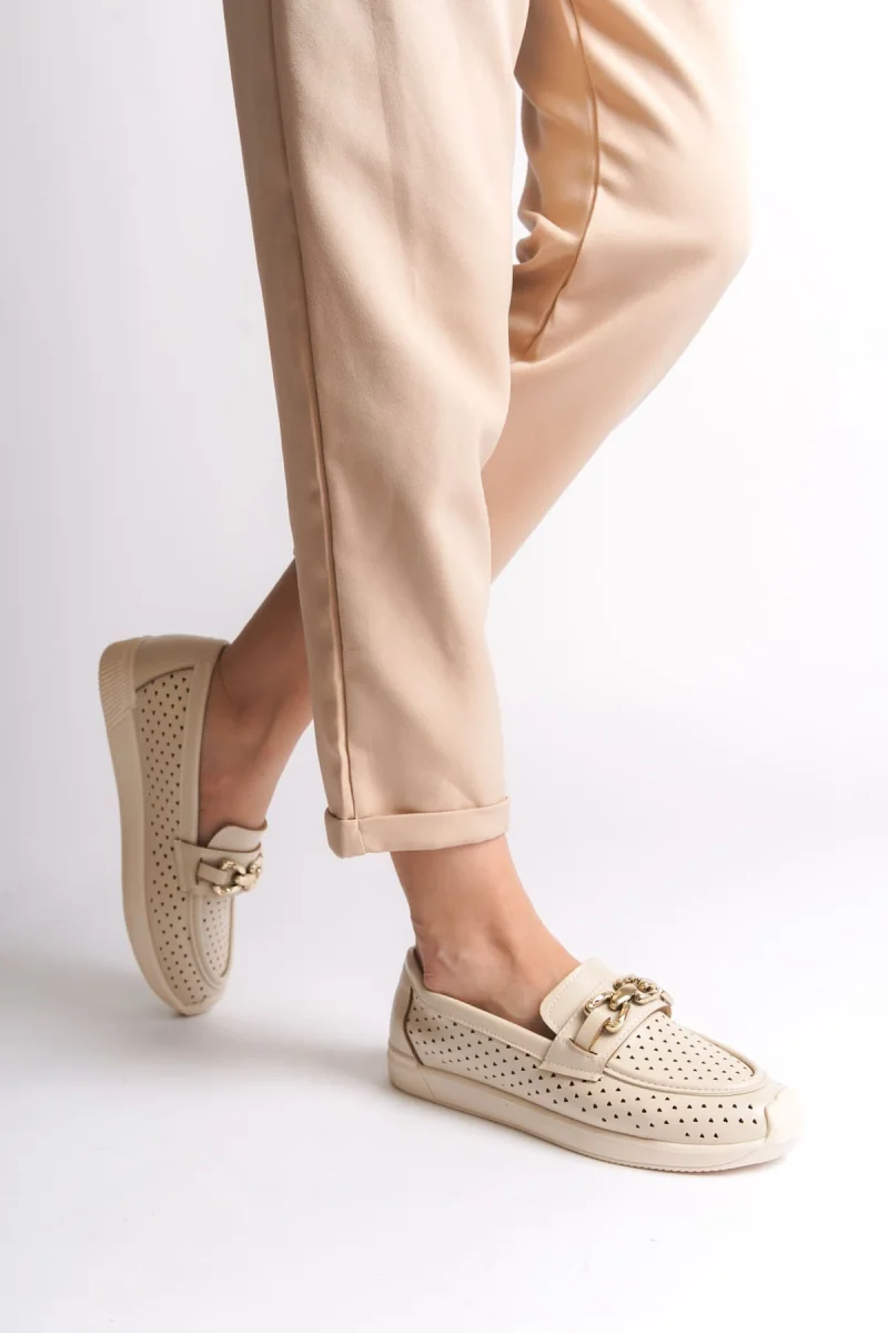 LAYLA Bağcıksız Ortopedik Rahat Taban Kalp Desenli Kadın Babet Ayakkabı CKT - Krem