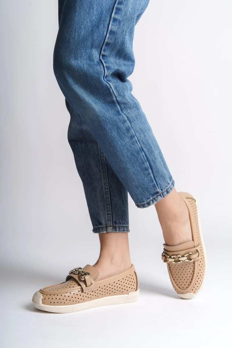 LAYLA Bağcıksız Ortopedik Rahat Taban Kalp Desenli Kadın Babet Ayakkabı CKT - Ten