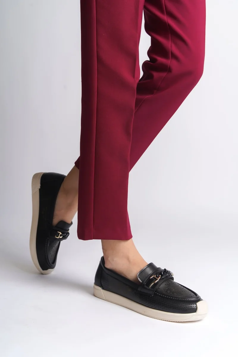 LIZY Bağcıksız Ortopedik Rahat Taban Çiçek Desenli Kadın Babet Ayakkabı  CKT - Siyah