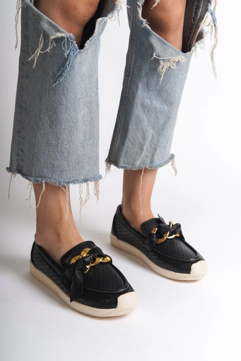 LYDIA Bağcıksız Ortopedik Rahat Taban Kalp Desenli Kadın Babet Ayakkabı  CKT - Siyah