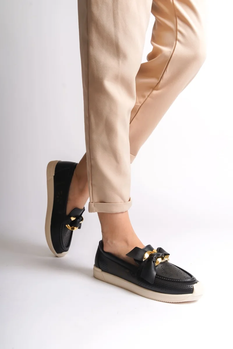 LYDIA Bağcıksız Ortopedik Rahat Taban Çiçek Desenli Kadın Babet Ayakkabı  CKT - Siyah