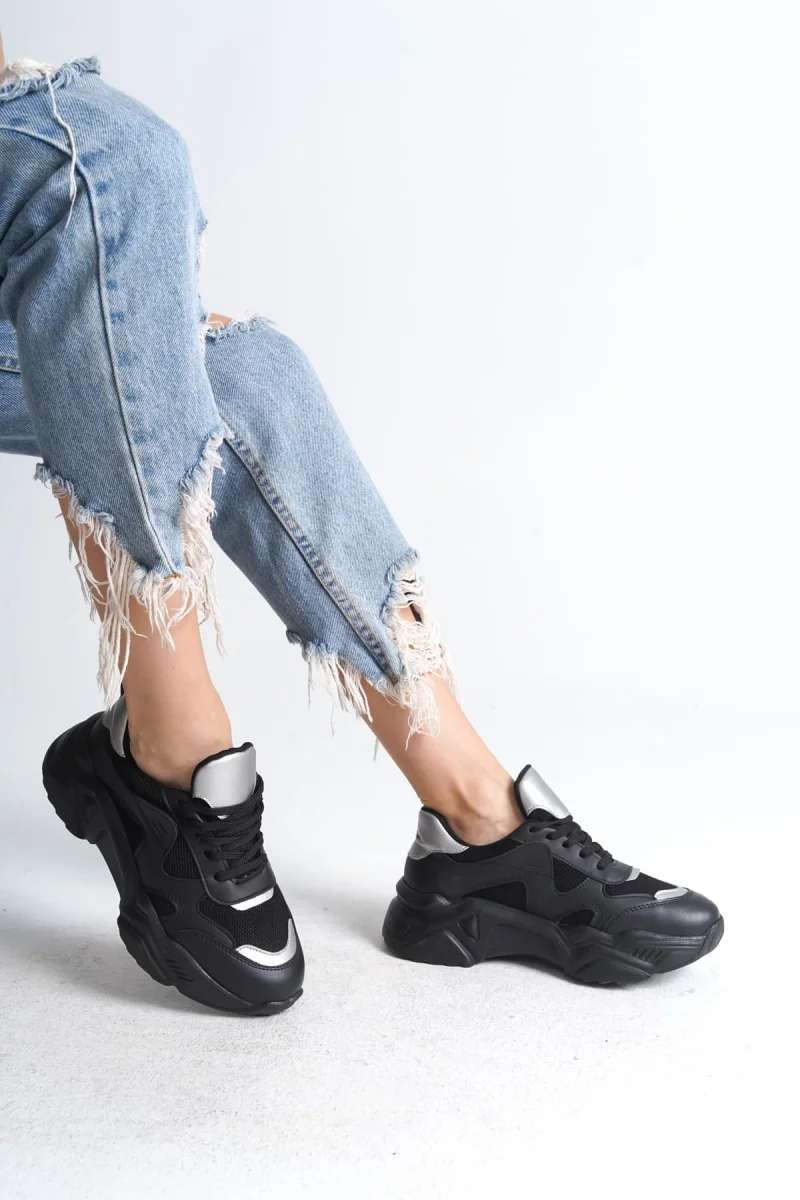 TOKYO Bağcıklı Ortopedik Taban Triko Detaylı Kadın Spor Ayakkabı  TST - Siyah/Gri