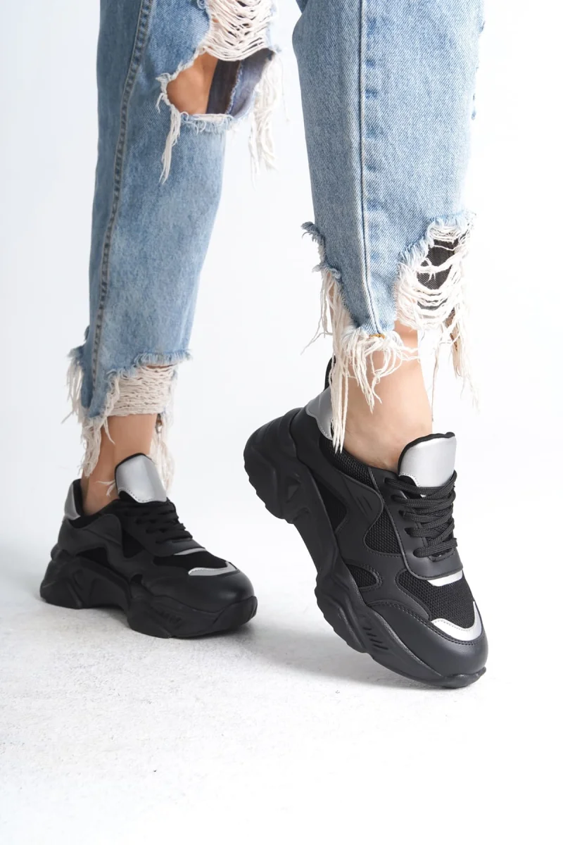 TOKYO Bağcıklı Ortopedik Taban Triko Detaylı Kadın Spor Ayakkabı  TST - Siyah/Gri