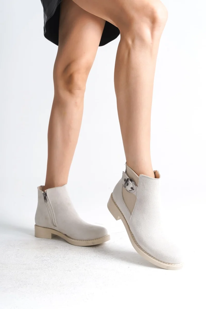 LUNA Fermuarlı Lastikli Ortopedik Taban Topuklu Süet Kadın Bot SKT - Krem