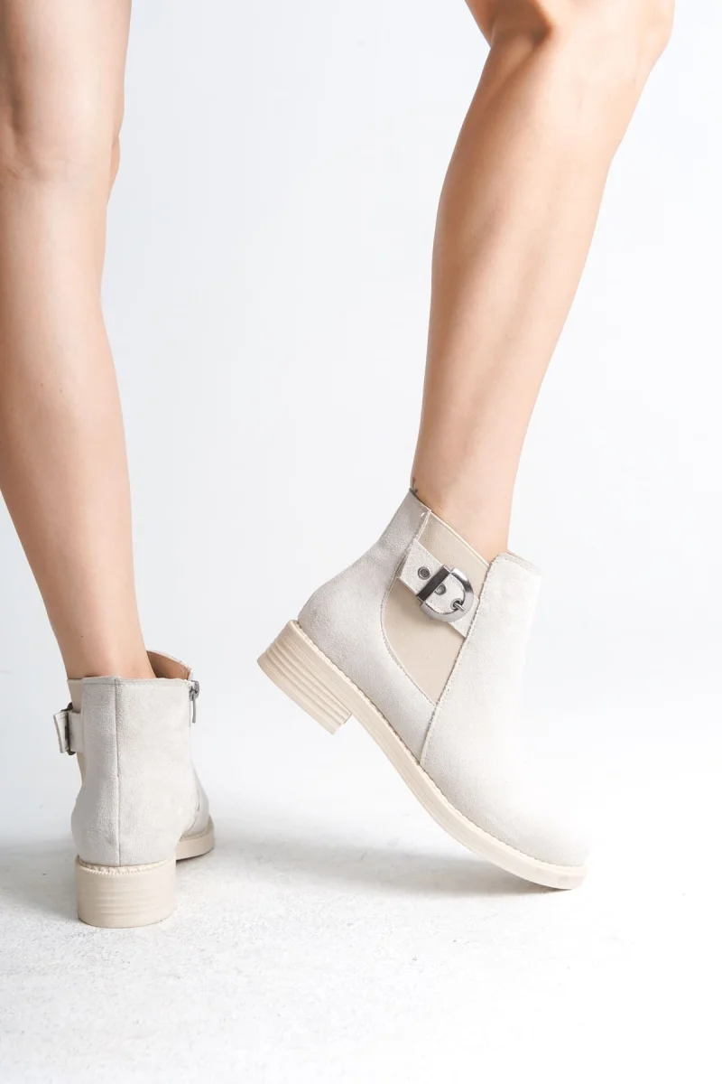 LUNA Fermuarlı Lastikli Ortopedik Taban Topuklu Süet Kadın Bot SKT - Krem