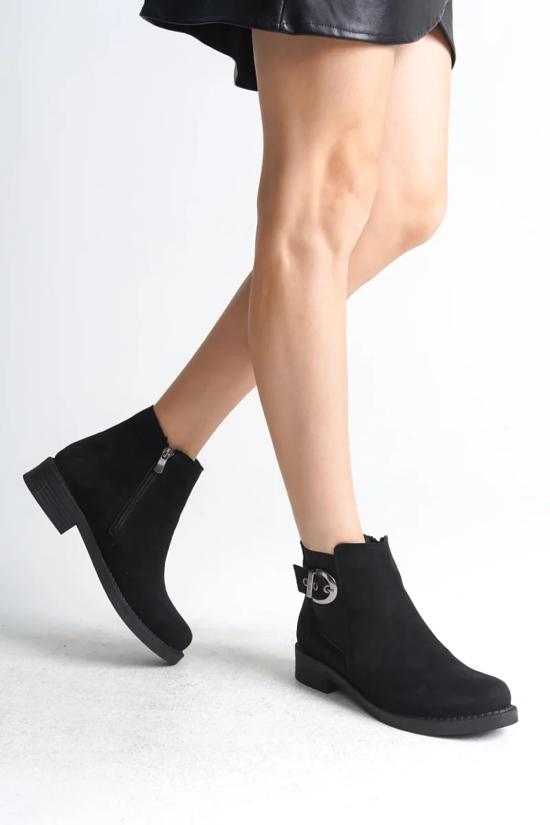 LUNA Fermuarlı Lastikli Ortopedik Taban Topuklu Süet Kadın Bot  SST - Siyah