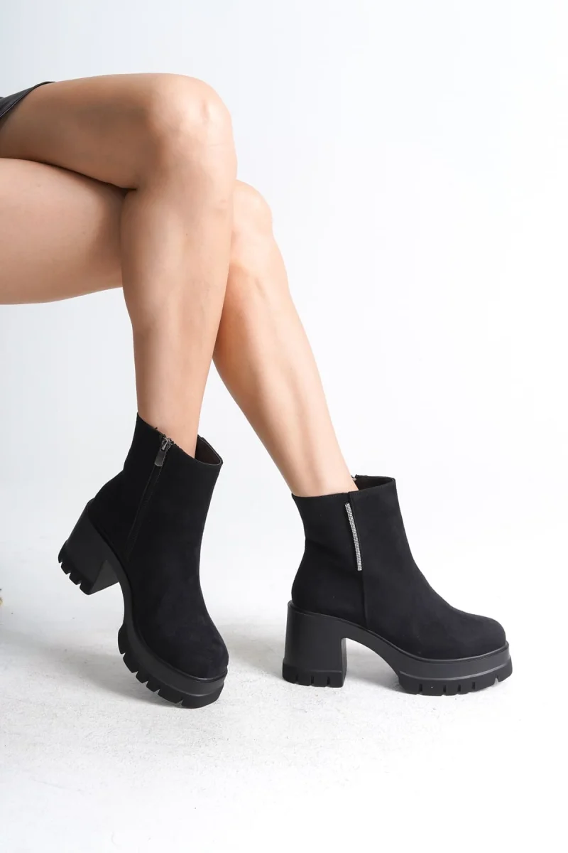 LISSE Fermuarlı Ortopedik Taban Kalın Topuklu Süet Kadın Bot SST - Siyah