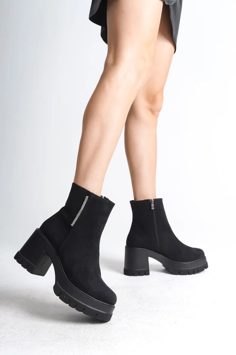 LISSE Fermuarlı Ortopedik Taban Kalın Topuklu Süet Kadın Bot SST - Siyah