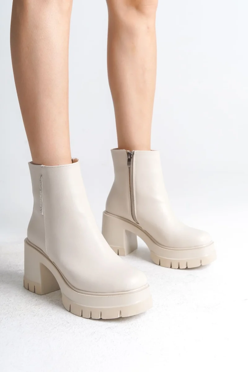 LISSE Fermuarlı Ortopedik Taban Kalın Topuklu Kadın Bot CKT - Krem