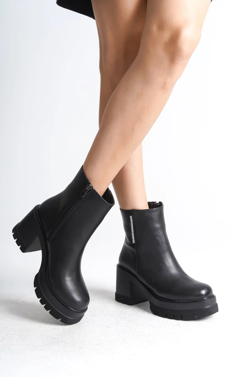 LISSE Fermuarlı Ortopedik Taban Kalın Topuklu Kadın Bot CST - Siyah