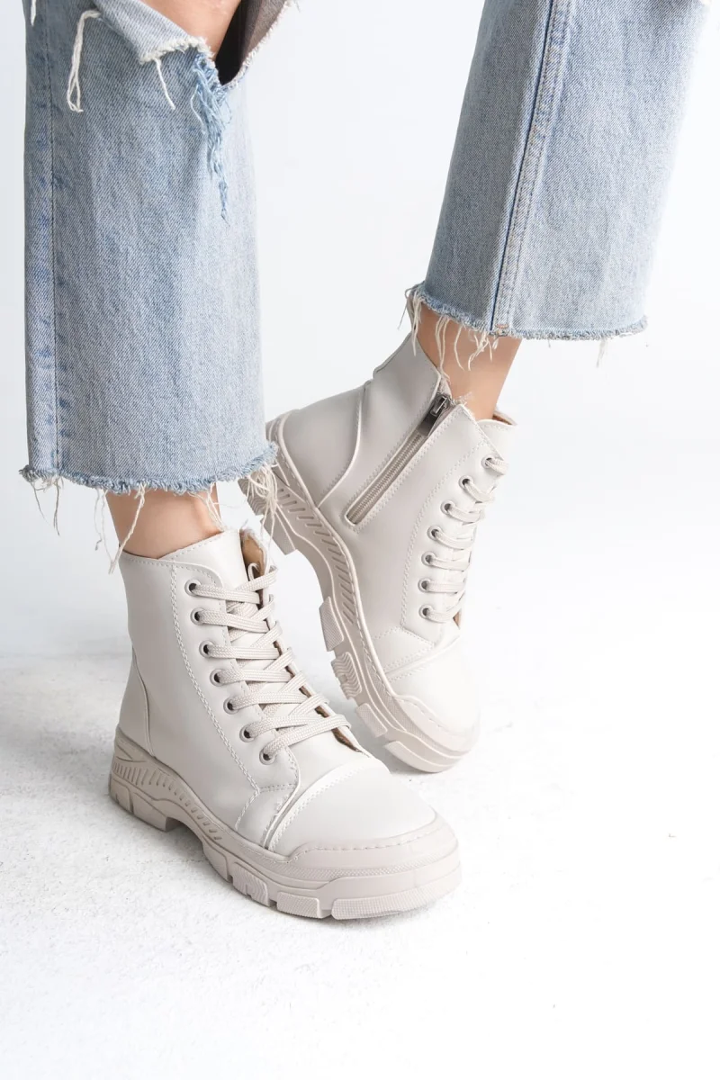 BLOOM Bağcıklı Fermuarlı Ortopedik Taban Kadın Bot  CKT - Krem