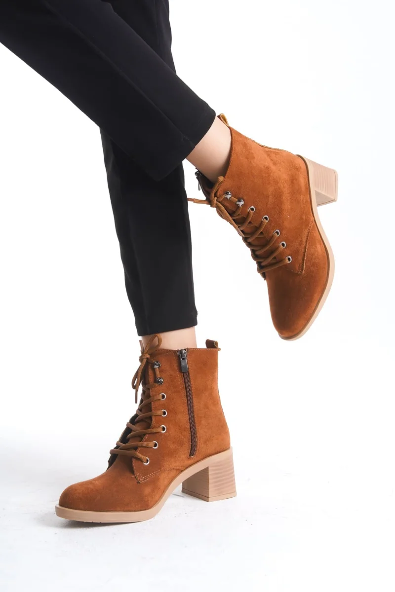 LENA Bağcıklı Fermuarlı Ortopedik Taban Topuklu Süet Kadın Bot STT - Taba