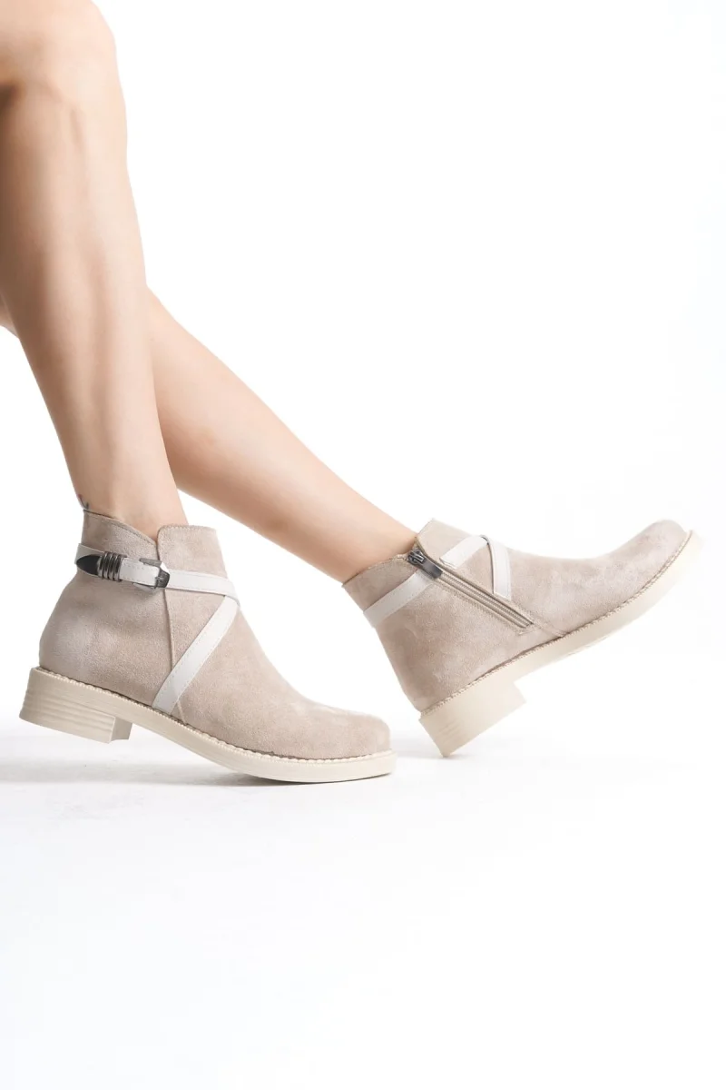 ALMILA Fermuarlı Lastikli Ortopedik Taban Topuklu Süet Kadın Bot  STT - Ten