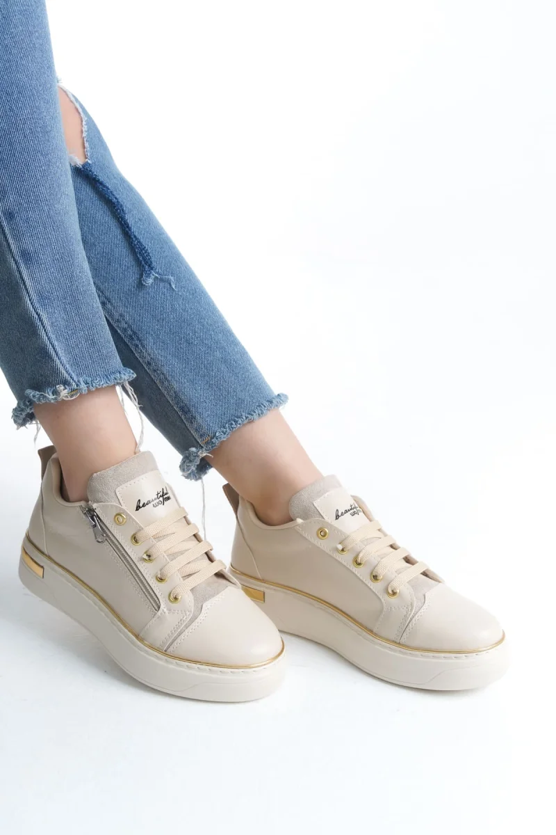DINA Bağcıklı Fermuarlı Ortopedik Taban Kadın Sneaker Spor Ayakkabı  CKT - Krem/Altın