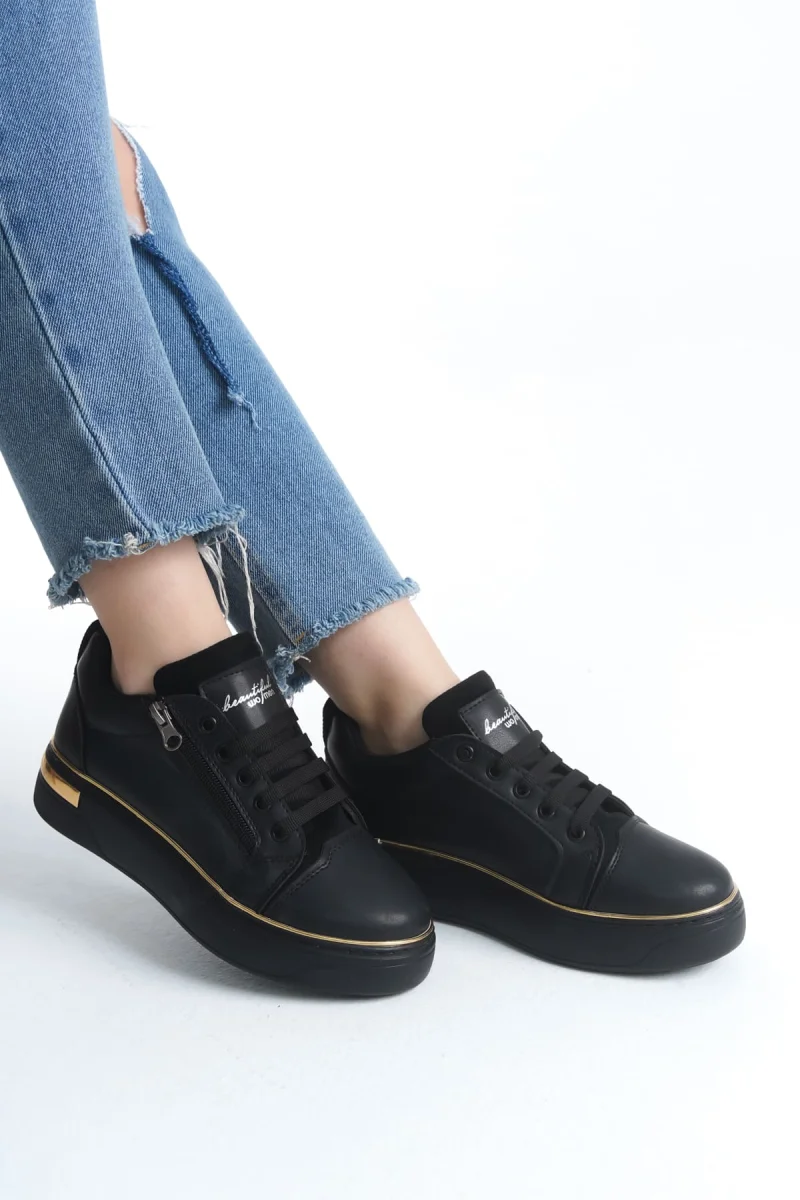 DINA Bağcıklı Fermuarlı Ortopedik Taban Kadın Sneaker Spor Ayakkabı  CST - Siyah/Altın