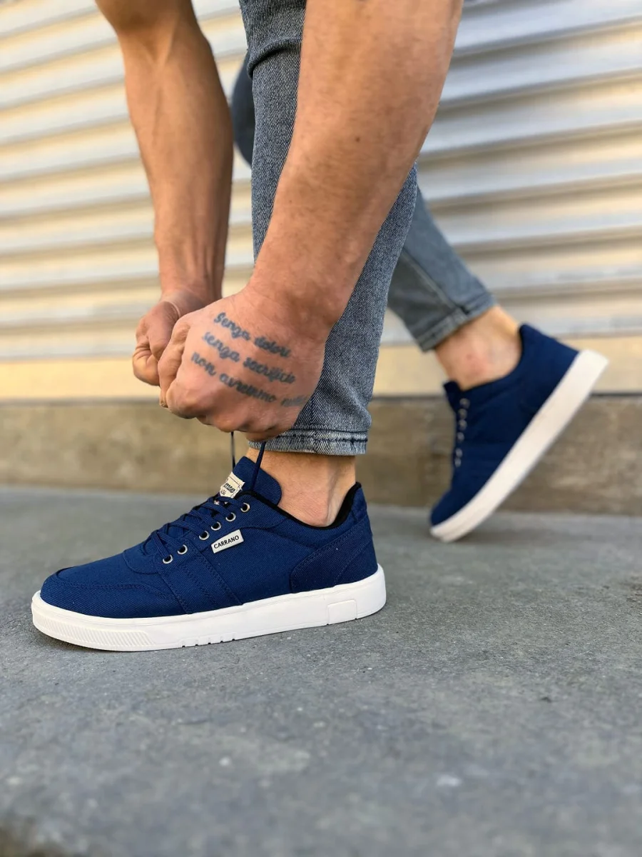 JY0118 REX Bağcıklı Keten Kumaş Erkek Günlük Sneaker Ayakkabı KBT - Lacivert
