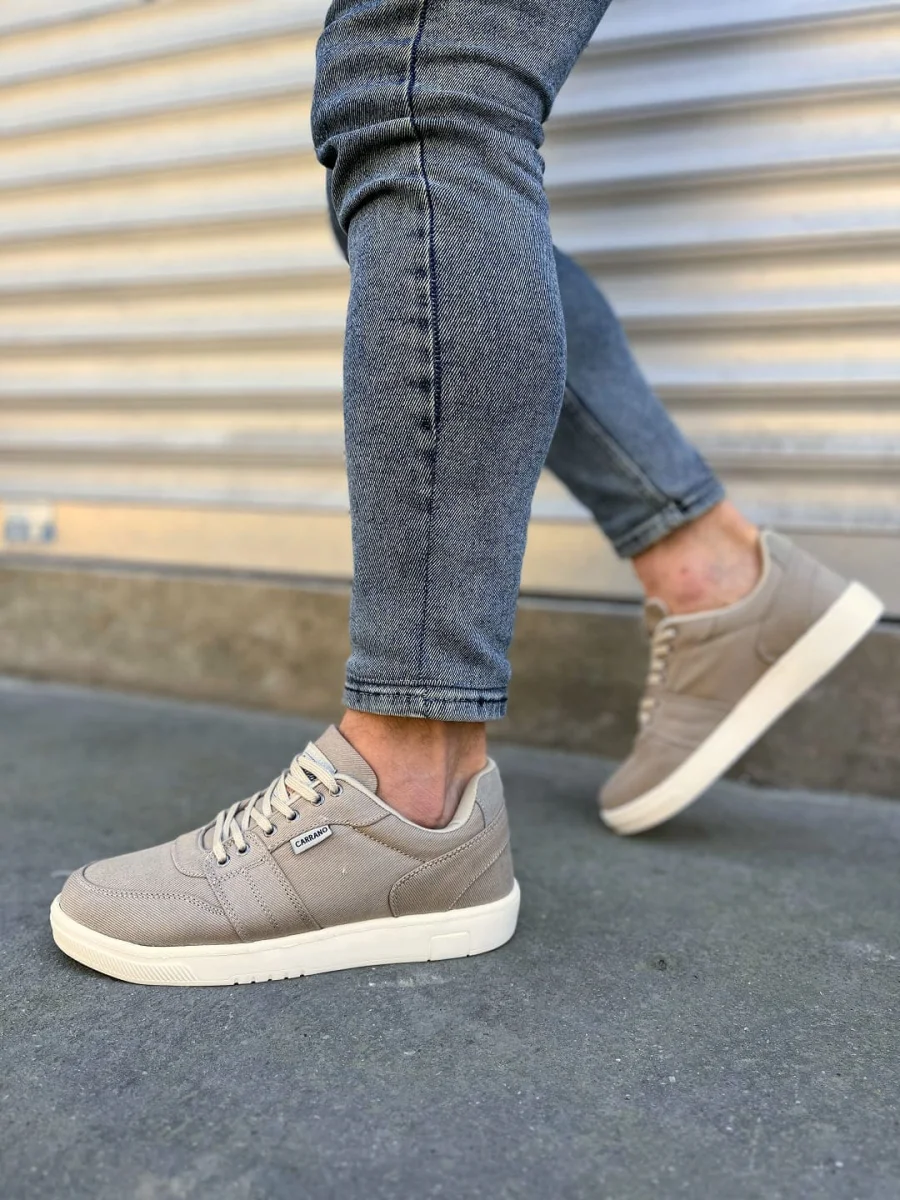 JY0118 REX Bağcıklı Keten Kumaş Erkek Günlük Sneaker Ayakkabı KKT - Bej