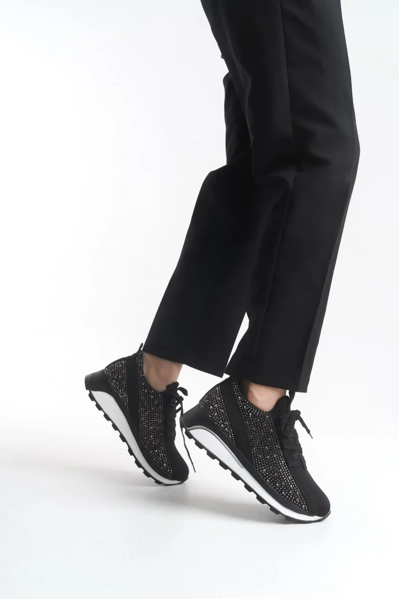 ALYA Bağcıklı Ortopedik Taban Taşlı Kadın Sneaker Spor Ayakkabı CBT - Siyah