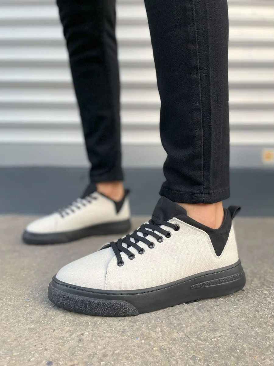 JY204 Flex Bağcıklı Keten Kumaş Erkek Günlük Sneaker Ayakkabı KST - Beyaz/Siyah