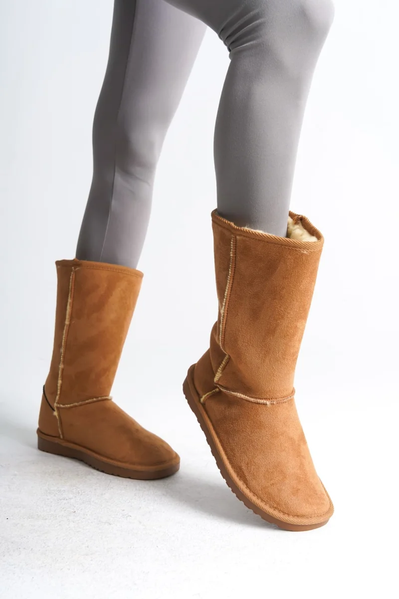 FREYA Bağcıksız Düz Taban İçi Kürklü Süet Kadın Bot  STT - Taba