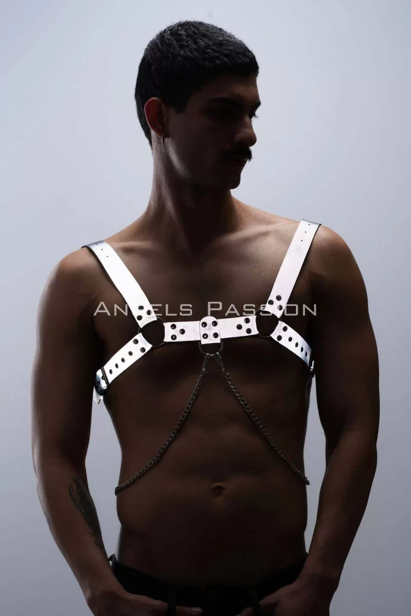 Reflektörlü (karanlıkta Parlayan) Zincir Detaylı Şık Erkek  Göğüs Harness, Reflektörlü Clubwear - Brfm109